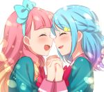  2girls :d aikatsu!_(series) aikatsu_friends! blonde_hair blue_hair blue_jacket blush bow bowtie braid french_braid gradient_hair hair_ornament hands_up highres interlocked_fingers jacket long_hair long_sleeves medium_hair minato_mio multicolored_hair multiple_girls noses_touching open_mouth pink_hair purple_hair red_bow red_neckwear sekina sideways_mouth simple_background smile star_(symbol) star_hair_ornament white_background yuuki_aine 