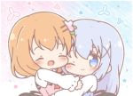  2girls ^_^ bangs blonde_hair blue_background blue_eyes blue_hair blue_vest blush chibi closed_eyes gochuumon_wa_usagi_desu_ka? gradient gradient_background hair_ornament hairclip highres hoto_cocoa hug kafuu_chino long_hair long_sleeves mitarashi_neko multiple_girls one_eye_closed open_mouth pink_background pink_vest rabbit_house_uniform shirt short_hair smile translation_request uniform vest white_shirt x_hair_ornament 