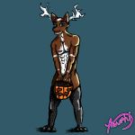  1:1 abs anthro antlers artist_anuphi blue_eyes cervid clothing covering covering_crotch halloween hi_res holidays horn humanoid legwear looking_at_viewer male mammal nude simple_background solo thick_thighs thigh_highs 