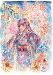  1girl absurdres candy_apple commission commissioner_upload cotton_candy fire_emblem fire_emblem:_the_binding_blade fireworks fish flower food hair_ornament highres japanese_clothes karinpyong kimono long_hair purple_eyes purple_hair solo sophia_(fire_emblem) summer_festival very_long_hair yukata 