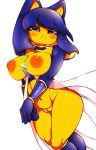  2020 5_fingers absurd_res animal_crossing ankha_(animal_crossing) anthro ashraely big_breasts blue_hair breasts clothing cosplay curvy_figure digital_media_(artwork) domestic_cat egyptian felid feline felis female fingers fur genitals hair hi_res huge_breasts looking_at_viewer mammal nintendo nude pussy simple_background solo standing text thick_thighs video_games voluptuous wide_hips yellow_body yellow_fur 