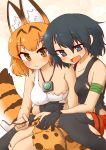  2girls 370ml animal_ear_fluff animal_ears areola_slip areolae bandaged_arm bandages bangs black_eyes black_gloves black_hair black_shirt blush breasts closed_mouth commentary eyebrows_visible_through_hair floral_background gloves holding hug hug_from_behind jewelry kaban_(kemono_friends) kemono_friends legwear_under_shorts light_frown medium_breasts multiple_girls necklace open_mouth orange_eyes orange_hair orange_sarong pantyhose print_sarong red_shorts rope sarong serval_(kemono_friends) serval_ears serval_print serval_tail shirt short_hair shorts sitting smile striped_tail tail tank_top tied_shirt torn_clothes torn_legwear torn_shirt white_shirt yuri 