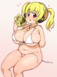  1girl bikini blonde_hair blush breasts food front-tie_bikini front-tie_top hamburger headphones huge_breasts jewelry looking_at_viewer messy necklace nitroplus open_mouth plump randou red_eyes side-tie_bikini simple_background solo star_(symbol) star_necklace super_pochaco sweat swimsuit thighs untied untied_bikini white_background white_bikini white_swimsuit 
