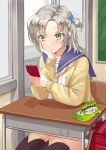  1girl backpack bag black_legwear blue_sailor_collar blush buttons cardigan cellphone chair collarbone desk eyebrows_visible_through_hair green_eyes grey_hair hand_on_own_cheek hand_on_own_face holding holding_phone kantai_collection kinoko_no_yama kinugasa_(kancolle) long_hair long_sleeves mayura2002 neckerchief one_side_up open_cardigan open_clothes parted_lips phone randoseru sailor_collar school_chair school_desk school_uniform serafuku sitting smartphone solo thighhighs yellow_cardigan yellow_neckerchief 