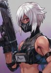  1girl armband assault_rifle bangs breasts character_request dark_skin fortnite from_side gas_mask gun holding holding_gun holding_weapon hungry_clicker hush_(fortnite) looking_at_viewer mask mouth_mask red_eyes rifle short_hair sidelocks solo traditional_media vest weapon white_hair 