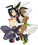  2girls absurdres animal_ears arm_behind_head ass back-to-back bangs black_footwear black_gloves black_hair black_hairband blue_eyes blue_lips breasts brown_hair bunny_earrings bunny_ears bunny_tail character_name commentary_request covered_nipples cube_(jet_set_radio) dark_skin earrings eyebrows_visible_through_hair fake_animal_ears fake_tail fingerless_gloves flame_print gloves green_gloves grey_hairband groin hairband hairlocs half-closed_eyes highres home_(houmei) inline_skates jet_set_radio jewelry large_breasts lipstick locked_arms long_sleeves looking_at_viewer looking_down makeup meme_attire multiple_girls orange_lips pantyhose parted_lips pasties reverse_bunnysuit reverse_outfit roller_skates shiny shiny_clothes shiny_hair shiny_skin shrug_(clothing) skates skull_earrings spray_can star_(symbol) star_pasties stomach_tattoo sugar_(jet_set_radio) swept_bangs tail tattoo very_dark_skin 