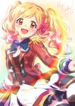  1girl :d absurdres aikatsu!_(series) aikatsu_stars! black_legwear blonde_hair blue_bow blush bow brown_eyes cowboy_shot dated english_text epaulettes gradient_hair hair_bow happy_birthday highres jacket long_sleeves looking_at_viewer miniskirt multicolored_hair nijino_yume open_mouth pink_hair red_bow red_jacket sekina skirt smile solo thighhighs twintails white_skirt 