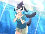  1girl :d absurdres alternate_costume black_hair blue_eyes blue_hair blue_shirt blush clenched_hands common_dolphin_(kemono_friends) dolphin_tail dorsal_fin gradient_hair highres kemono_friends lens_flare looking_at_viewer multicolored_hair open_mouth shiraha_maru shirt short_sleeves shorts smile solo twitter_username upper_teeth water white_hair white_shorts 