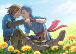  2boys :d blue_eyes blue_hair blue_pants blue_shirt boots brown_pants camus_(dq11) closed_eyes collarbone commentary_request day dragon_quest dragon_quest_xi earrings face-to-face field flower flower_field forehead-to-forehead gloves grin hero_(dq11) jewelry knee_boots looking_at_another male_focus mondi_hl multiple_boys open_mouth outdoors pants shirt sitting sky smile spiked_hair yellow_flower 