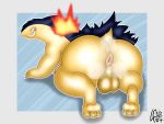  4:3 absurd_res anthro anus balls big_balls big_butt blue_body blue_fur bodily_fluids butt fire fur genitals hi_res looking_at_viewer looking_back male miscellanea404 musk naughty_face nintendo orange_body orange_fur pok&eacute;mon pok&eacute;mon_(species) red_eyes signature simple_background solo steam sweat sweaty_balls sweaty_butt sweaty_genitalia typhlosion video_games 
