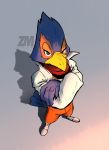  2020 4_fingers anthro avian bandanna beak bird boots clothing crossed_arms falco_lombardi feathers fingers footwear half-closed_eyes head_tuft hi_res jacket kerchief looking_at_viewer male narrowed_eyes nintendo red_body red_feathers signature star_fox tail_feathers topwear tuft video_games zm 