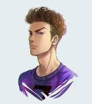  1boy brown_eyes brown_hair casual closed_mouth commentary_request cropped_torso grey_background jewelry long_neck looking_at_viewer male_focus miyagi_ryouta moonjjj number pompadour purple_shirt serious shirt short_hair simple_background single_earring sketch slam_dunk solo upper_body 