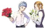  2boys bangs belt black_belt black_vest blue_hair blush bouquet camus_(dq11) closed_eyes closed_mouth collared_shirt commentary_request dragon_quest dragon_quest_xi dress_shirt earrings flower from_side hand_on_hip hand_tattoo hero_(dq11) holding holding_bouquet holding_flower incoming_gift jewelry long_sleeves male_focus mondi_hl multiple_boys necklace open_mouth parted_bangs red_flower red_rose rose shirt short_hair simple_background smile spiked_hair upper_body upper_teeth vest white_background white_flower white_shirt 