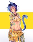  1girl :/ absurdres animal_ears arms_behind_head asymmetrical_legwear bandeau bangs blue_hair breasts cat_ears cat_girl cat_tail cleavage clip_studio_paint_(medium) commission facial_mark fictional_persona final_fantasy final_fantasy_xiv forehead_mark fur_collar gloves groin head_tilt highres huge_filesize jewelry looking_at_viewer lowleg midriff miqo&#039;te monk_(final_fantasy) navel pants purple_eyes short_hair slit_pupils small_breasts solo stomach tail tan the0neulost vest whisker_markings 