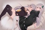  2girls artist_name bangs between_legs blunt_bangs blush breasts butterfly_hair_ornament closed_mouth clothes echidna_(re:zero) feet_out_of_frame grey_hair hair_between_eyes hair_ornament hand_between_legs highres large_breasts lewdishsnail long_hair looking_at_viewer lying multiple_girls on_back on_side purple_eyes re:zero_kara_hajimeru_isekai_seikatsu satella_(re:zero) smug take_your_pick very_long_hair white_hair 