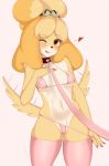 &lt;3 animal_crossing anthro bikini blush breasts canid canine canis clothed clothing collar colored_nails domestic_dog female fur hair hand_on_chest hi_res isabelle_(animal_crossing) leash legwear looking_at_viewer mammal nails nintendo one_eye_closed orange_eyes peachcup pink_background pink_nails shih_tzu simple_background small_breasts smile solo standing swimwear tailwag tongue tongue_out toy_dog video_games wink yellow_body yellow_fur 