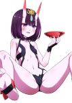  1girl arm_behind_back arm_up ass barefoot bikini black_bikini blush breasts canghai_yang choker cup fangs fate/grand_order fate_(series) feet gem hair_ornament highres horns knees_up leaning_back legs navel oni oni_horns open_mouth purple_eyes purple_hair sakazuki short_hair shuten_douji_(fate/grand_order) simple_background sitting skin-covered_horns small_breasts smile soles solo spread_legs swimsuit thighs toes white_background 