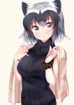  1girl animal_ears bangs black_hair black_scrunchie black_sweater blue_nails bob_cut casual closed_mouth commentary common_raccoon_(kemono_friends) eyebrows_visible_through_hair grey_hair highres kemono_friends kinou_no_shika light_frown looking_at_viewer multicolored_hair nail_polish on_shoulder raccoon_ears ribbed_sweater scrunchie shawl short_hair simple_background sleeveless_sweater solo standing sweater symbol_commentary turtleneck upper_body wrist_scrunchie 