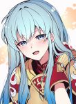  1girl adjusting_hair armor blouse blush earrings eirika_(fire_emblem) eyebrows_visible_through_hair fingerless_gloves fire_emblem fire_emblem:_the_sacred_stones gloves gold_armor gold_trim hair_between_eyes highres jewelry light_blue_eyes light_blue_hair long_hair looking_at_viewer nakabayashi_zun open_mouth pauldrons red_blouse red_gloves shadow shoulder_armor signature simple_background smile solo upper_body 