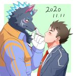  anthro blush brown_hair clothing duo embarrassed fire flaming_hair flaming_mane food furlong_(live-a-hero) hair hi_res human hyaenid live-a-hero male male/male male_operator mammal necktie pocky pocky_day pocky_game protagonist_(live-a-hero) pseudo_hair pseudo_mane suit 