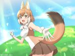  1girl :d absurdres animal_ear_fluff animal_ears bare_arms bare_shoulders blush brown_eyes brown_hair brown_skirt day dhole_(kemono_friends) dog_ears dog_tail extra_ears fur_collar gloves grass happy highres kemono_friends lens_flare multicolored_hair open_mouth outdoors outstretched_arm pleated_skirt reaching_out shiraha_maru shirt skirt sleeveless sleeveless_shirt smile solo sunlight tail twitter_username two-tone_hair white_gloves white_hair 