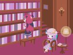  2girls armband bat_wings bench black_eyes black_skirt book bookshelf candlestand chair chibi cobalta commentary_request crescent crescent_moon_pin dress full_body hair_ribbon hat head_wings holding holding_book koakuma lamp light_smile long_hair looking_up mob_cap multiple_girls no_nose open_book patchouli_knowledge purple_capelet purple_dress purple_hair reading red_hair ribbon sidelocks skirt stairs standing striped table touhou tress_ribbon vertical-striped_dress vertical_stripes very_long_hair wings 