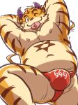  2020 anthro belly bulge clothing demon felid fruitz fur hi_res horn kemono male mammal navel nipples one_eye_closed overweight overweight_male pantherine simple_background solo tiger tongue tongue_out underwear white_background wink yellow_body yellow_fur 