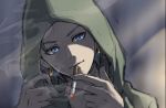  1boy bangs blue_eyes blue_hair blurry blurry_background camus_(dq11) cigarette closed_mouth dragon_quest dragon_quest_xi earrings face green_hood hands_up holding hood hood_up jewelry looking_at_viewer male_focus mondi_hl short_hair smile smoke smoking solo 