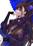  1girl breasts brown_hair cleavage dress fate/grand_order fate_(series) highres hotate-chan impossible_clothes large_breasts long_hair looking_at_viewer murasaki_shikibu_(fate) purple_eyes simple_background solo white_background 