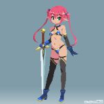  1girl bikini full_body gloves green_eyes long_hair mabius original pink_hair pixel_art pointy_ears simple_background standing swimsuit sword thighhighs twintails weapon 