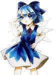  1girl arm_up blue_bow blue_eyes blue_hair blue_skirt blue_vest bow cirno feet_out_of_frame hair_between_eyes hair_bow hand_on_own_hip looking_at_viewer maa_(forsythia1729) neck_ribbon open_mouth puffy_short_sleeves puffy_sleeves red_ribbon ribbon shirt short_sleeves simple_background skirt solo touhou vest white_background white_shirt wings 