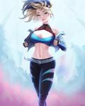  1girl akali belt blonde_hair blue_eyes breasts cleavage cleavage_cutout clothing_cutout cropped_jacket earrings eyeshadow fingerless_gloves gloves highres jacket jewelry k/da_(league_of_legends) large_breasts league_of_legends lips looking_at_viewer makeup mcdobo midriff multicolored_hair navel open_clothes open_jacket ponytail solo the_baddest_akali two-tone_hair 