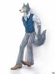 2020 anthro beastars black_eyes black_nose blue_clothing blue_topwear blue_vest bottomwear brown_clothing brown_footwear brown_shoes canid canid_kaiba canine canis clothing fluffy fluffy_tail footwear fur grey_body grey_bottomwear grey_clothing grey_fur grey_pants legoshi_(beastars) male mammal pants prick_ears shirt shoes simple_background snout solo standing tail topwear uniform vest white_background white_clothing white_shirt white_topwear wolf