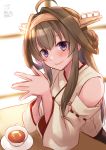  1girl ahoge bare_shoulders brown_hair cup dated detached_sleeves double_bun eyebrows_visible_through_hair hakama_skirt hands_together head_tilt headgear highres kantai_collection kongou_(kantai_collection) long_hair looking_at_viewer mashiro_yukiya nontraditional_miko purple_eyes remodel_(kantai_collection) signature sitting smile solo teacup upper_body 