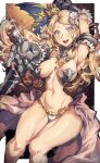  1girl :d absurdres aqua_eyes armor armpits artist_name bikini_armor blonde_hair breasts code_of_princess commentary_request crown gauntlets highres iparupua long_hair looking_at_viewer medium_breasts navel open_mouth smile solange_blanchefleur_de_luxe solo teeth thighs upper_teeth_only 