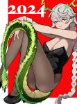  1girl 2024 alternate_costume black_footwear black_leotard braid breasts brown_pantyhose chinese_zodiac cleavage closed_mouth dragon_girl dragon_horns dragon_tail fujisaki_(si_da) grey_hair high_heels highres horns kantai_collection large_breasts leotard long_hair looking_at_viewer orange_eyes pantyhose simple_background single_braid solo strapless strapless_leotard tail unryuu_(kancolle) very_long_hair wrist_cuffs year_of_the_dragon 