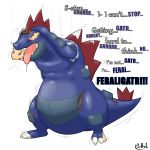  1:1 2020 absurd_res anthro blue_body brown_hair clothing dialogue diethyl english_text eyes_closed feraligatr hair hi_res male mind_control nintendo open_mouth pok&eacute;mon pok&eacute;mon_(species) sharp_teeth simple_background solo standing teeth text torn_clothing transformation video_games white_background 