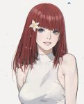  1girl bare_arms bare_shoulders blue_petals blunt_bangs breasts commentary covered_collarbone d.k english_commentary falling_petals flower grey_background hair_flower hair_ornament light_blush lips looking_at_viewer lunar_tear medium_breasts medium_hair nier:automata nier_(series) petals popola portrait red_hair shirt simple_background skin_tight sleeveless sleeveless_shirt smile solo straight_hair upper_body white_flower white_shirt 