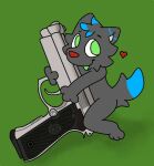  ambiguous_gender anthro blue_body blue_fur blueberry_rex canid canine canis cute_fangs digital_media_(artwork) dimple eyebrows fox fur green_background green_eyes green_teeth grey_body grey_fur gun harleyfunnycat head_tuft heart_symbol hybrid krita_(artwork) mammal micro paws ranged_weapon red_nose shadow simple_background smile solo tail tail_tuft teeth tuft weapon wolf 