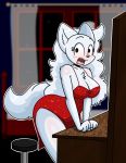  annoyed anthro blanca_(nicky_illust) blush breasts canid canine canis cleavage clothed clothing domestic_dog dress female fluffy fluffy_tail fur furniture hair hi_res inside long_hair long_tail mammal nicky_illust nordic_sled_dog red_clothing red_dress samoyed solo spitz wardrobe_malfunction white_body white_fur white_hair 