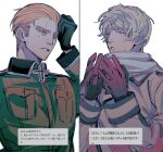  2boys arm_up axis_powers_hetalia black_gloves blonde_hair breast_pocket brown_jacket coat collared_jacket commentary cross exhausted germany_(hetalia) gloves greek_cross green_jacket grey_coat grey_eyes grey_hair grey_scarf half-closed_eyes hand_on_own_forehead hand_on_own_head hands_up hatching_(texture) highres iron_cross jacket linear_hatching long_sleeves looking_at_viewer looking_to_the_side male_focus messy_hair military_uniform multiple_boys naotin3333 parted_lips pink_gloves pocket request_inset russia_(hetalia) scarf short_hair simple_background sweatdrop symbol-only_commentary translation_request unfinished uniform upper_body white_background 