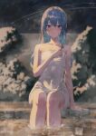  1girl aqua_hair blue_eyes blue_hair blush breasts collarbone colored_inner_hair covered_navel hair_between_eyes highres hololive hoshimachi_suisei kinoko_(shikimylove) long_hair looking_at_viewer multicolored_hair naked_towel night night_sky onsen sky solo star_(sky) star_(symbol) star_in_eye symbol_in_eye towel virtual_youtuber 