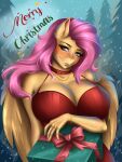 3:4 absurd_res anthro anthrofied areola ashimaroo big_breasts breasts cleavage clothed clothing collar dress equid equine eyelashes feathers female fluttershy_(mlp) friendship_is_magic hair hasbro hi_res horse jewelry mammal my_little_pony necklace nude pegasus pink_areola pink_hair pony pupils smile solo text wings yellow_body yellow_skin