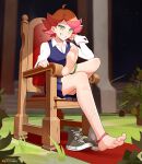  1girl amanda_o&#039;neill anklet bandaid bandaid_on_leg barefoot chair crossed_legs feet green_eyes grin highres jewelry legs little_witch_academia looking_at_viewer multicolored_hair orange_hair rezodwel school_uniform shoes short_hair sitting skirt smile soles solo toenails toes two-tone_hair unworn_shoes 