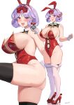  1girl animal_ears ass black_thighhighs blush breasts clothing_cutout fake_tail fingerless_gloves girls&#039;_frontline gloves high_heels highres holding kion-kun large_breasts leotard looking_at_viewer multiple_views navel navel_cutout open_mouth playboy_bunny purple_eyes purple_hair rabbit_ears rabbit_tail red_leotard shoes short_hair simple_background smile spas-15_(girls&#039;_frontline) standing tail thighhighs white_background white_gloves white_thighhighs 
