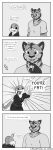  absurd_res anthro black_and_white briefs button_(fastener) canisfidelis clothing comic dialogue duo english_text felid hi_res hoodie humor lizard male male/male mammal monochrome okami_(canisfidelis) pantherine reptile scalie simple_background speech_bubble text tiger topwear underwear vrock 