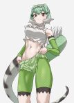  1girl bare_shoulders breasts brown_eyes chinese_water_dragon_(kemono_friends) commentary cowboy_shot detached_sleeves frown gradient_hair green_hair green_shorts grey_background highres kemono_friends lizard_tail long_sleeves looking_at_viewer medium_breasts micro_shorts midriff multicolored_hair navel short_hair shorts simple_background solo spiked_tail tail tanabe_(fueisei) white_hair 