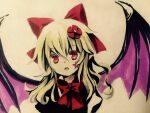  1girl bat_wings black_vest blonde_hair commentary_request elis_(touhou) facial_mark flower hair_between_eyes hair_flower hair_ornament hair_ribbon kaigen_1025 looking_at_viewer marker_(medium) medium_hair neck_ribbon open_mouth purple_wings red_eyes red_flower red_ribbon ribbon shirt solo star_(symbol) star_facial_mark teeth touhou touhou_(pc-98) traditional_media upper_teeth_only vest wavy_hair white_shirt wings 