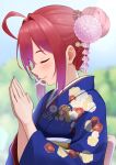  1girl alternate_hairstyle blue_kimono blush closed_eyes dorachan_r floral_print hair_bun hatsumoude highres i-168_(kancolle) japanese_clothes kantai_collection kimono long_hair long_sleeves new_year obi outdoors palms_together ponytail praying red_hair sash smile solo wide_sleeves 