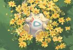  :o closed_eyes commentary day flower from_above grass highres koala_0l lying no_humans on_back open_mouth outdoors petals pokemon pokemon_(creature) solo symbol-only_commentary togepi yellow_flower 
